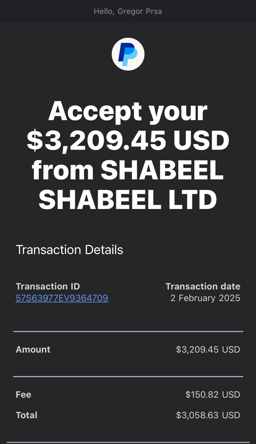 Payment Screenshot